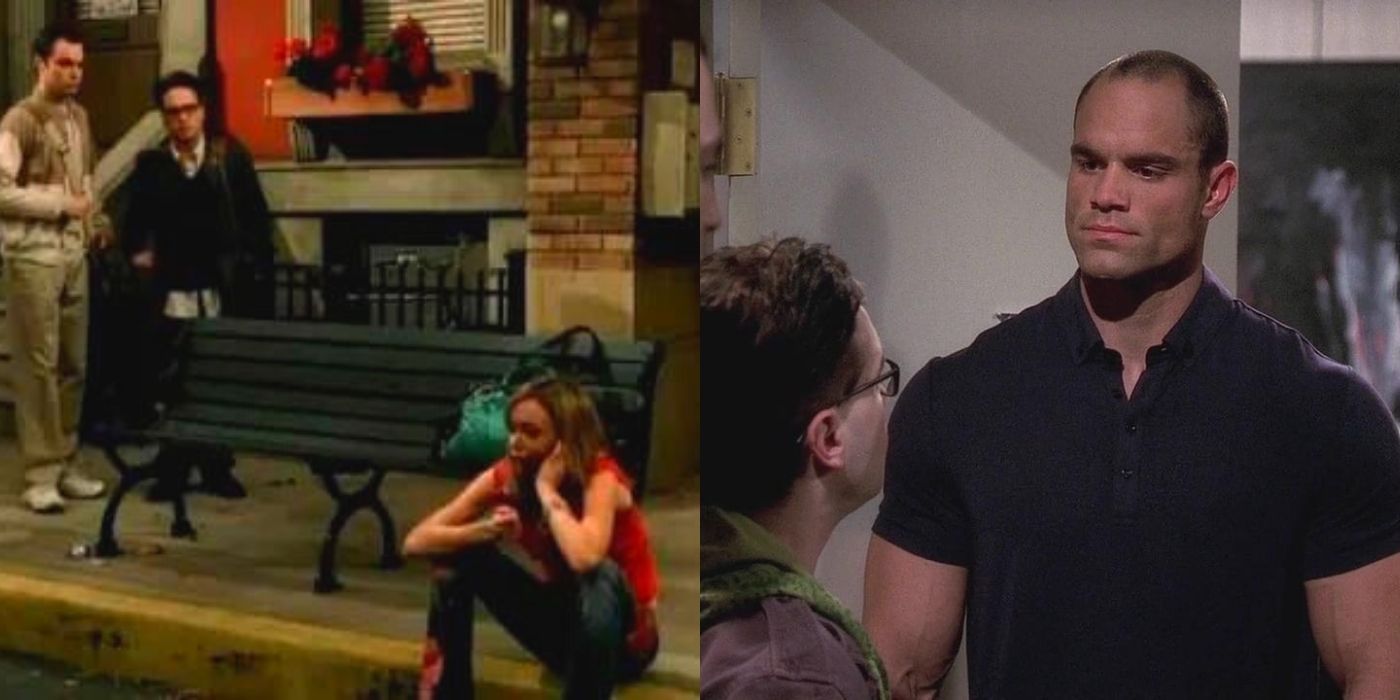 A split image of Sheldon and Leonard approaching Katie on the street and later with Kurt in TBBT