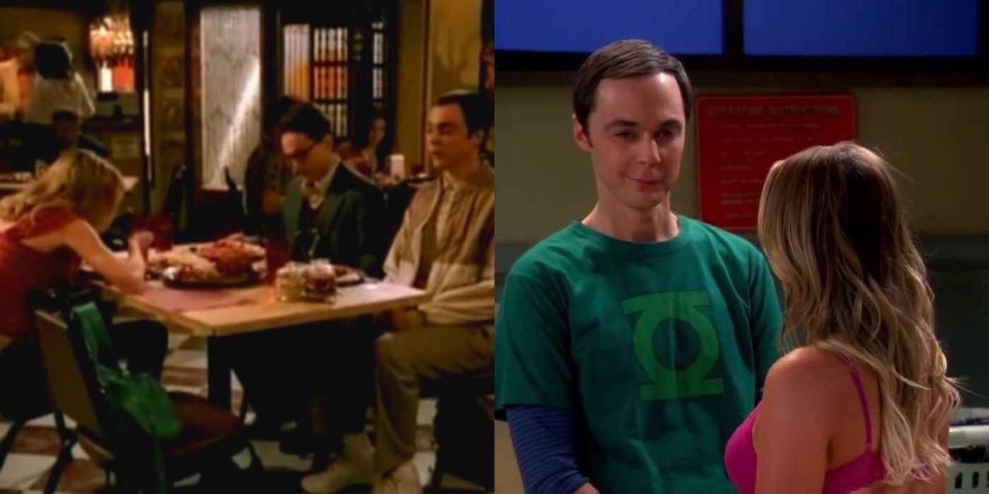 A split image of Sheldon eating food with Katie and Leonard and later standing in the laundry room with Penny on TBBT