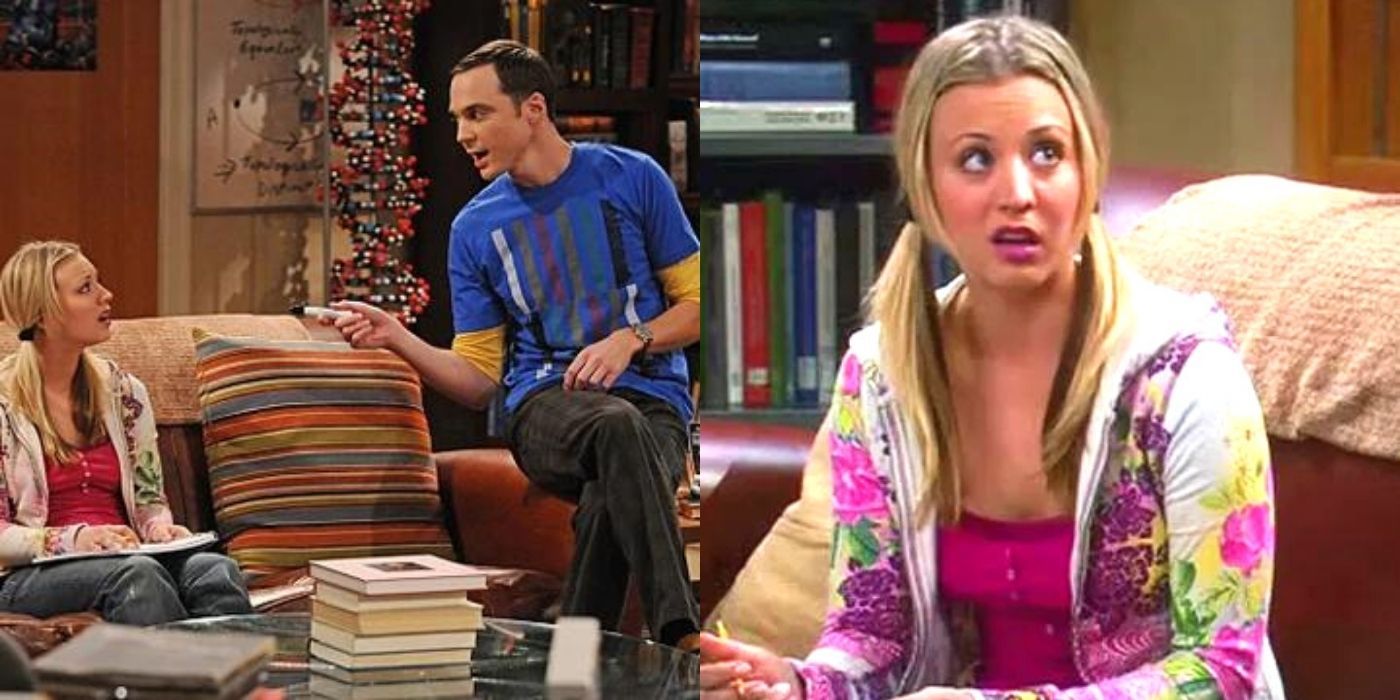 Split image of Sheldon teaching Penny physics and next to Penny on TBBT