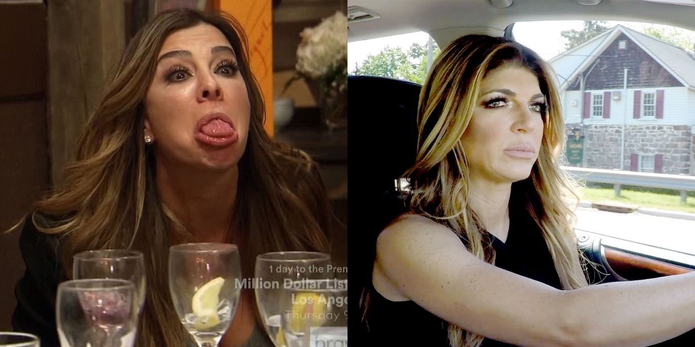 A split image of Siggy sticking her tongue out and Teresa driving a car on RHONJ