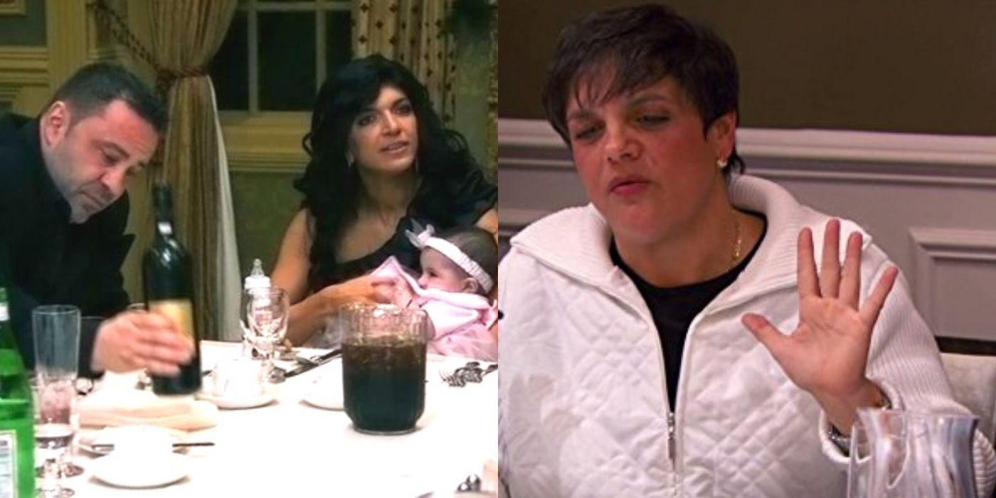 A split image of Teresa and Joe at dinner while talking to Rosie on RHONJ
