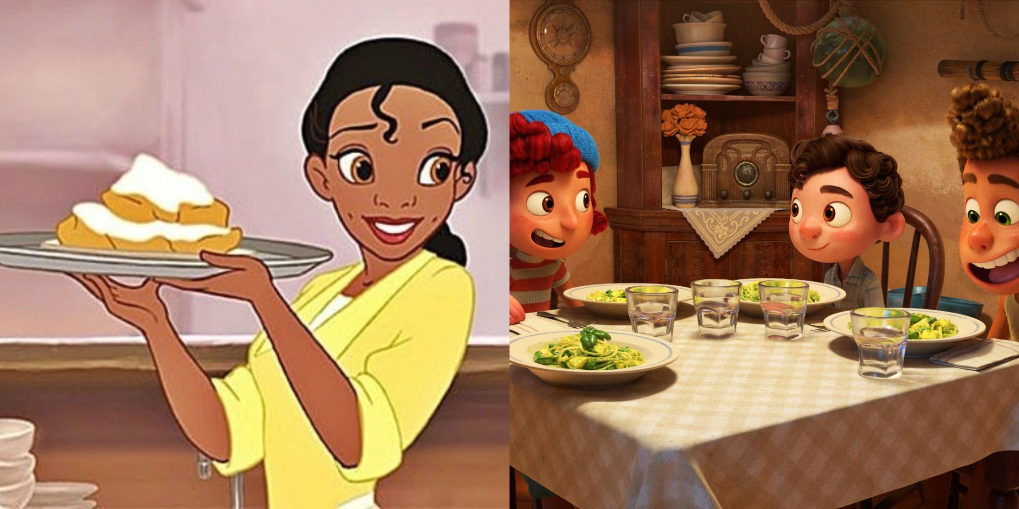 A split image of Tiana holding a tray of beignets and Trenette al Pesto
