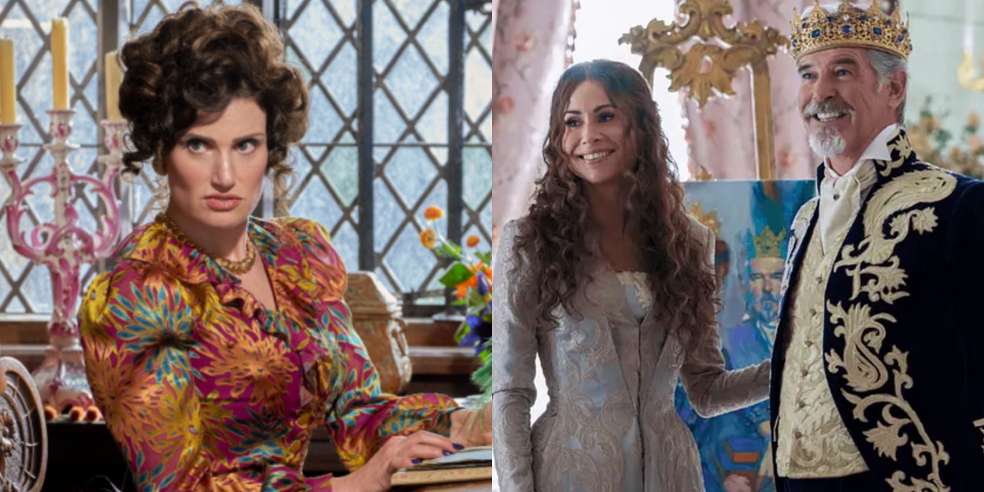 A split image of Vivian sitting down and King Rowan and Queen Beatrice in Cinderella 2021