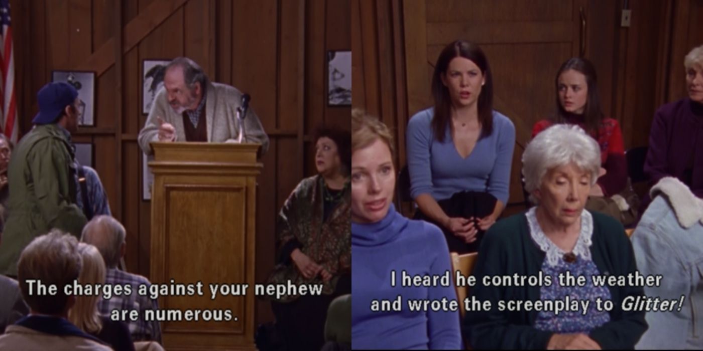 A split image of a town meeting in Stars Hollow where Taylor Luke and Lorelai talked about Jess