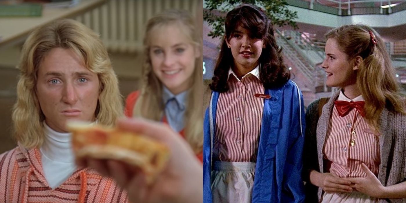 A split image of stills from Fast Times at Ridgemont High - a man in class and two women in their work uniforms