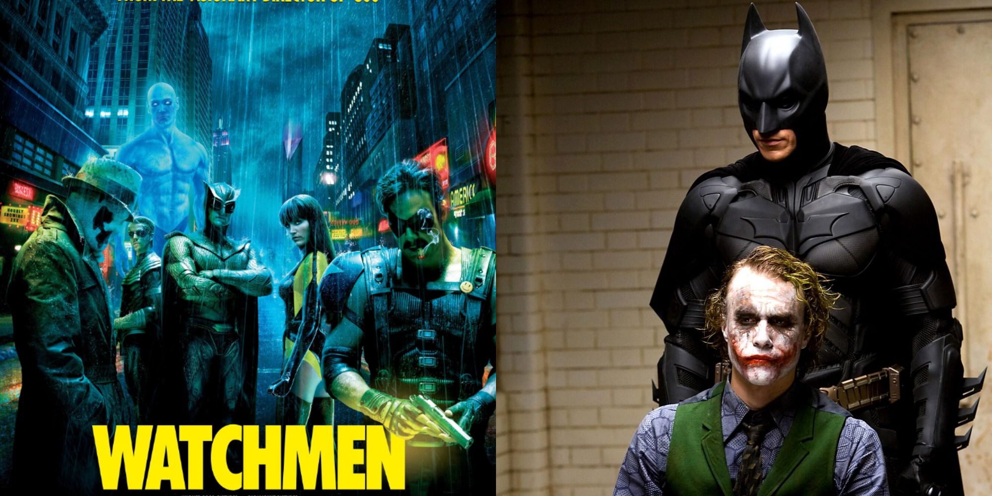 A split image of the Watchmen movie poster and Batman and Joker in the interrogation room