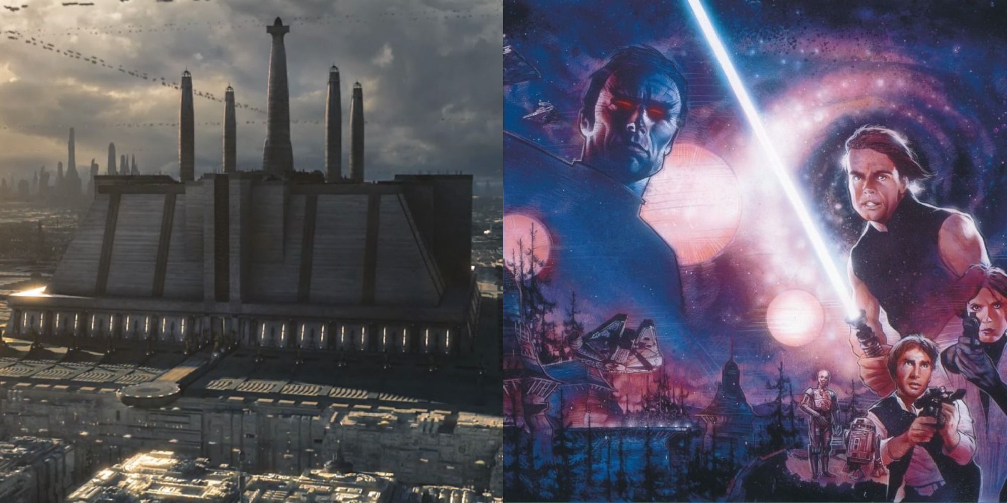 A split image of the buildings in Coruscant and Luke Skywalker wielding a lightsaber in Star Wars