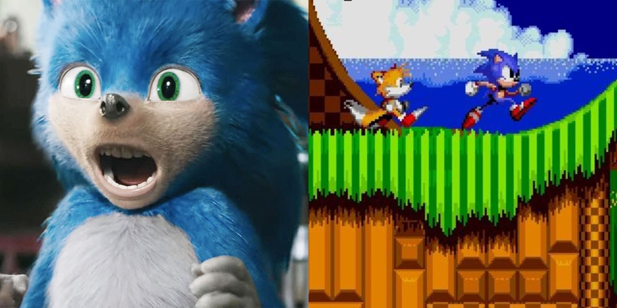 A split image of the old Sonic design and Sonic and Tails in the video game