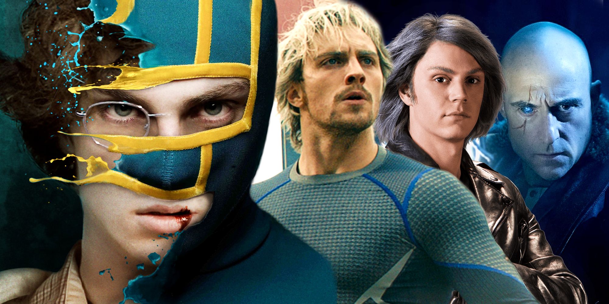 Aaron-Taylor Johnson, Evan Peters, and Mark Strong in Kick-Ass, the MCU, and the DCEU