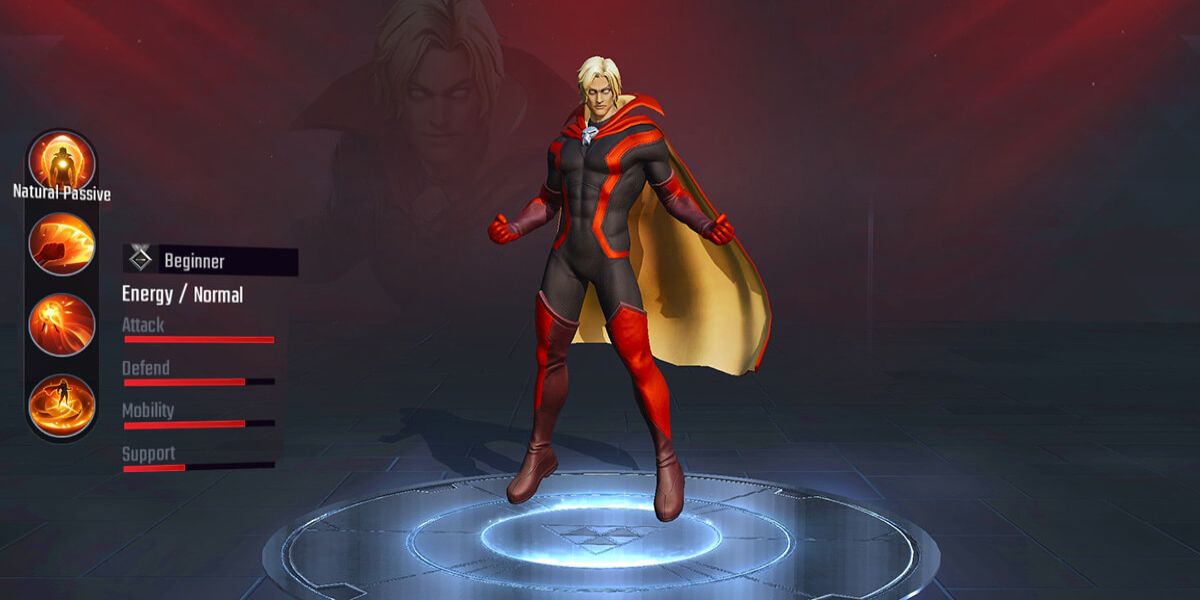 Adam Warlock stands with his fists clenched in the video game Marvel Strike Force.