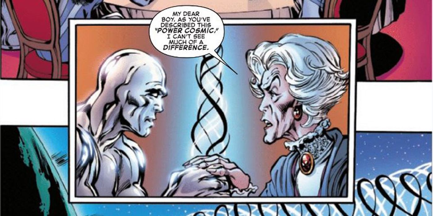 Agatha Harkness talking to the Silver Surfer.
