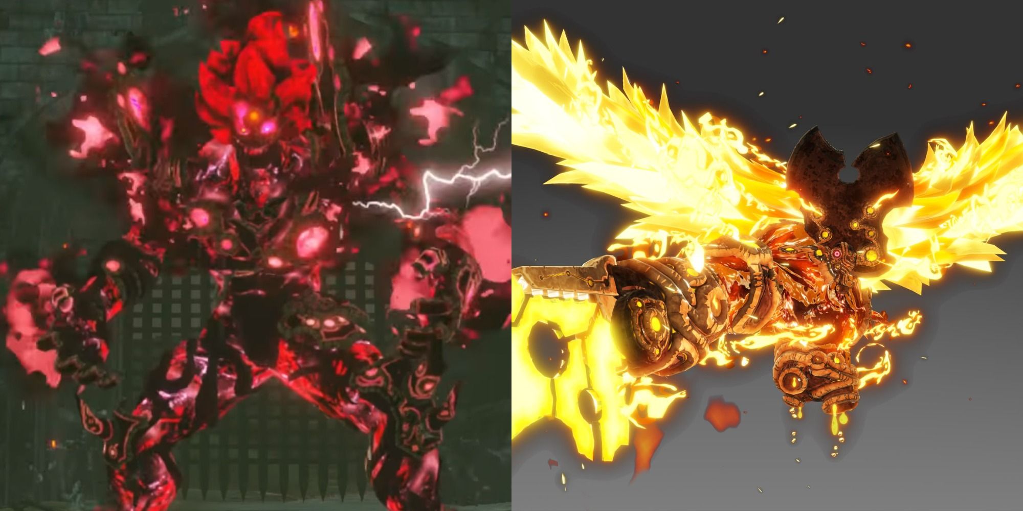 Split image showing Calamity and Fireblight Ganon in Age of Calamity
