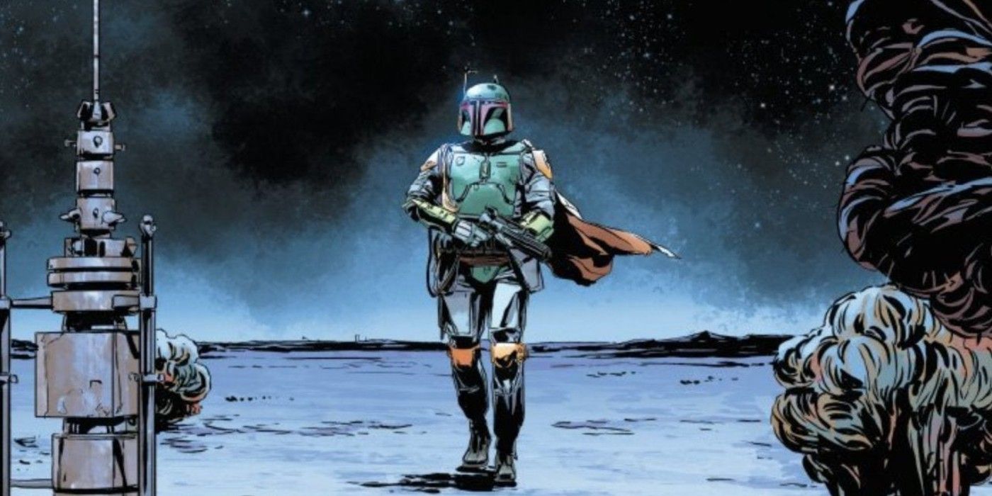 Boba Fett walks across the Tatooine sand at night holding his blaster
