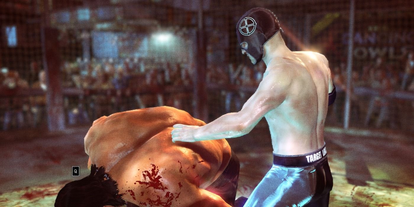 Agent 47 dressed as a Mexican wrestler fighting Sanchez in Hitman Absolution