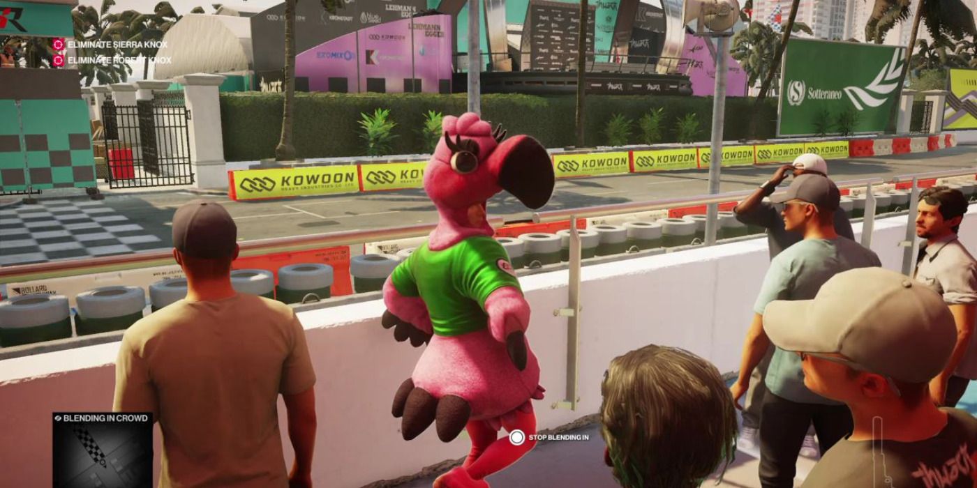 Agent 47 dressed as a flamingo at a race track in Hitman 2