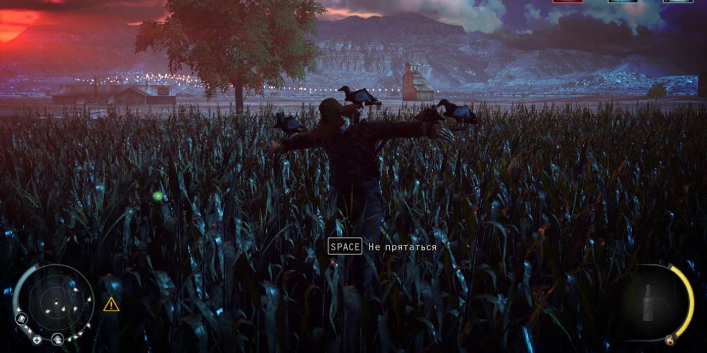 Agent 47 dressed as a scarecrow in a cornfield in Hitman Absolution