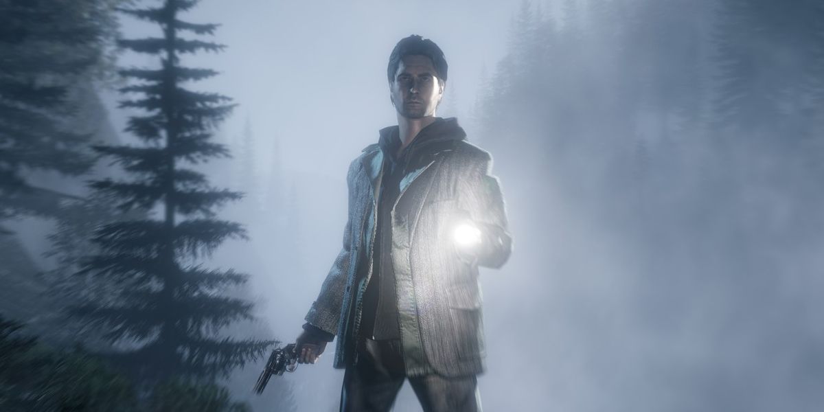 Alan Wake holding a gun and flashlight in the forest