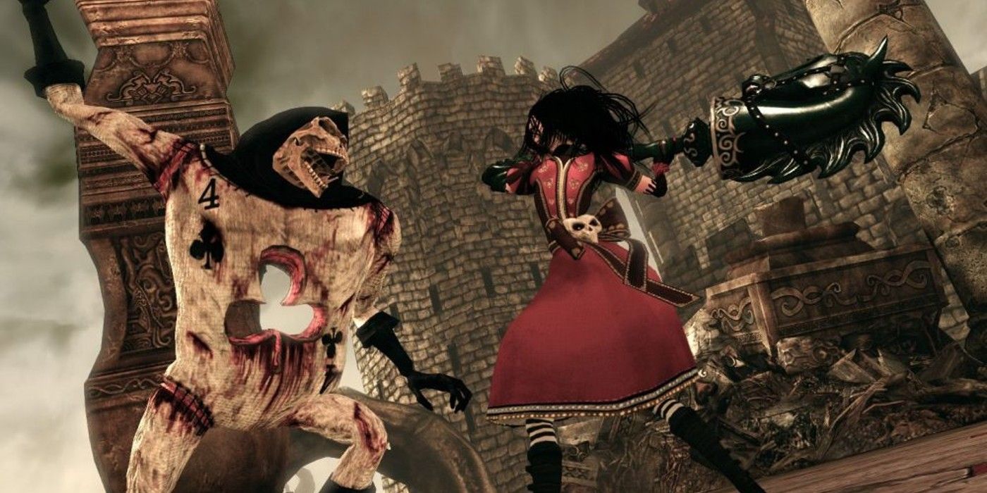 Alice attacks a playing card with a rocking horse in Alice: Madness Returns
