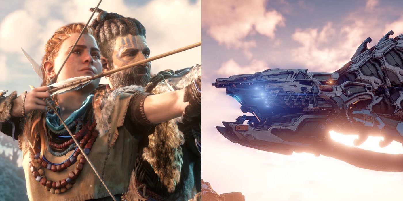 A split image showing Aloy and Rost and a machine in Horizon Zero Dawn.