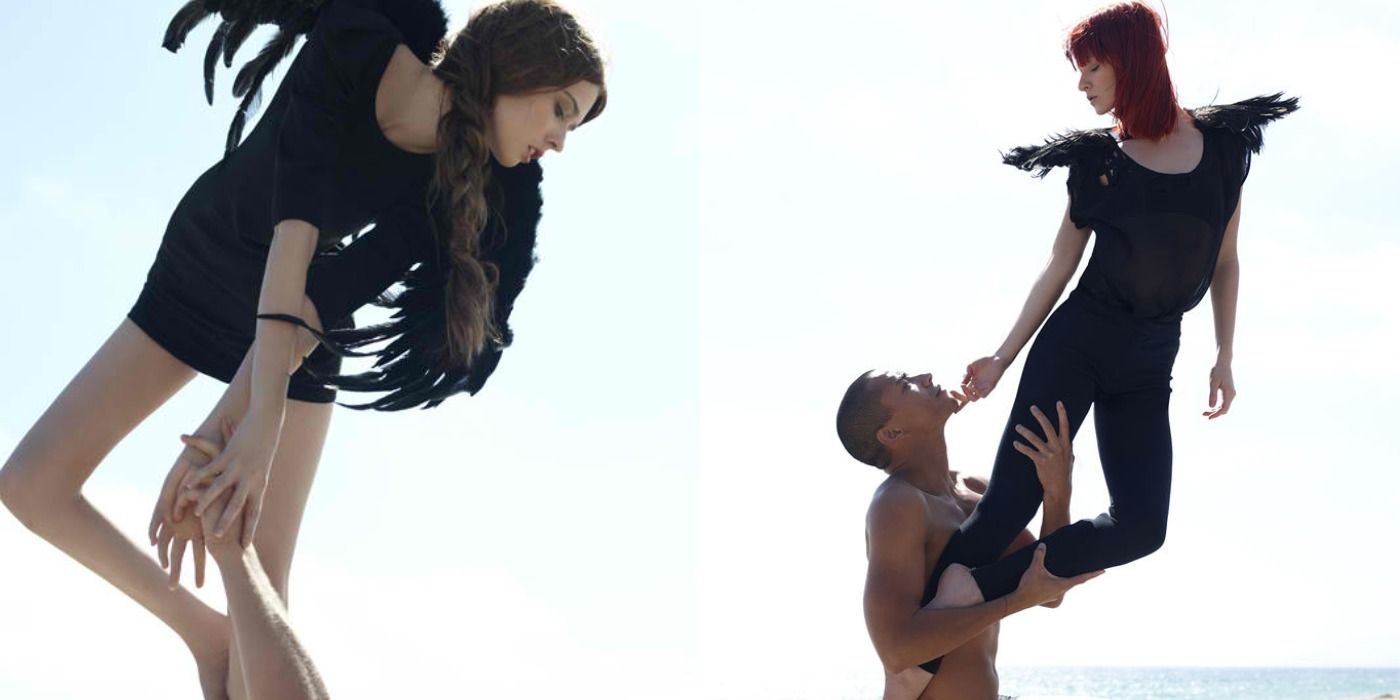 Split image showing Ann and Kayla in the angel photoshoot during cycle 15 of ANTM