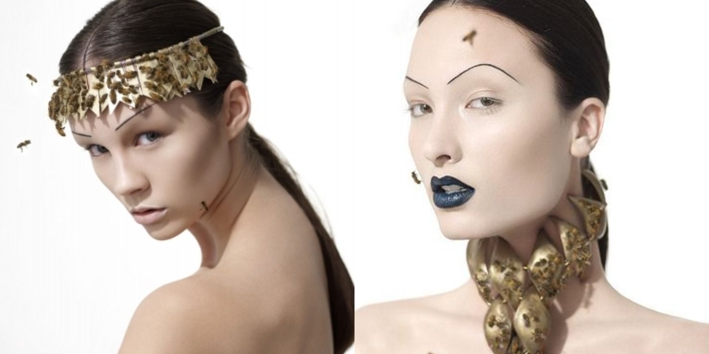 Split image showing Brittani and Monique in the bee photoshoot during cycle 16 of ANTM