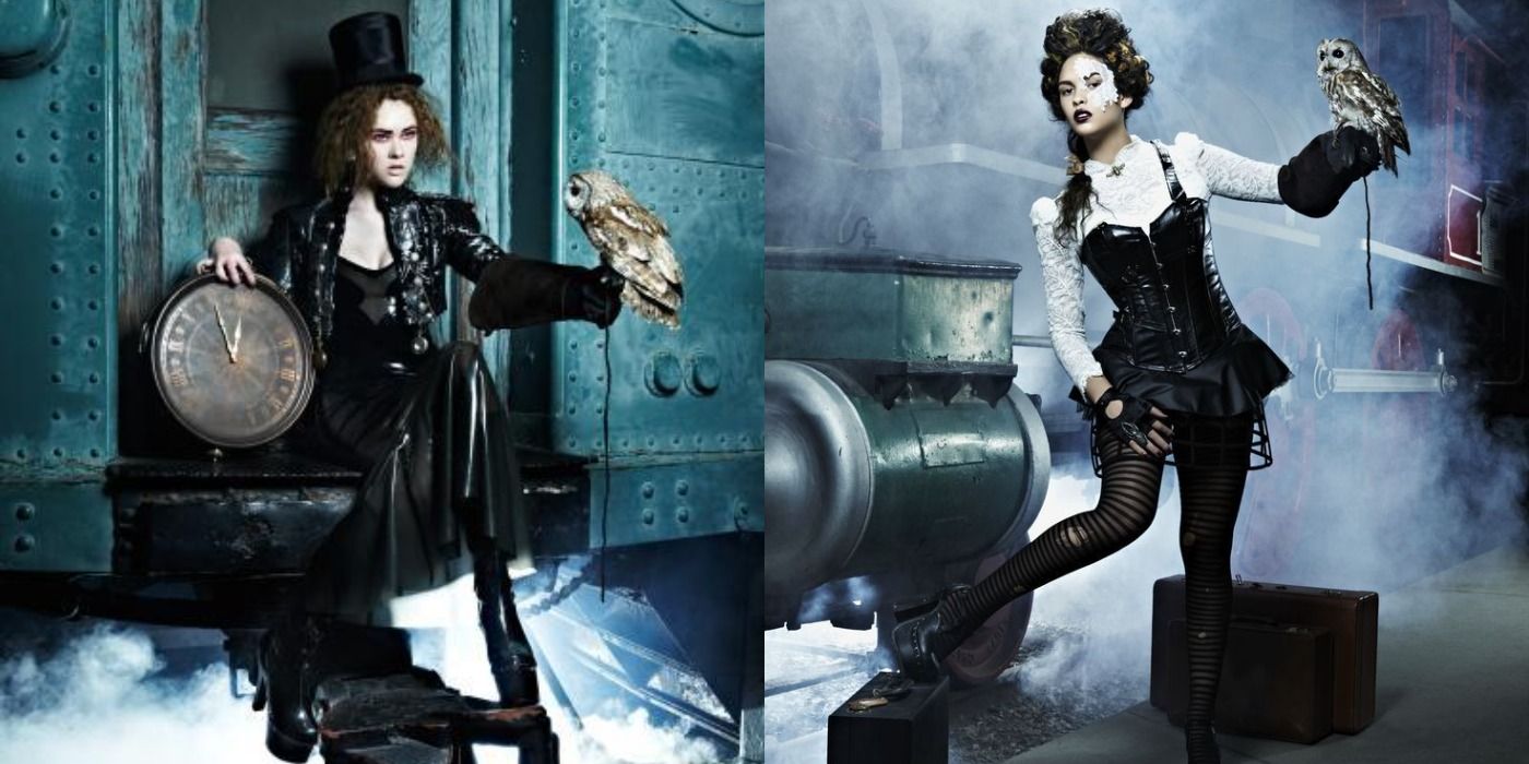 Split image showing Brittany and Alyssa in the Steampunk photoshoot during cycle 19 of ANTM