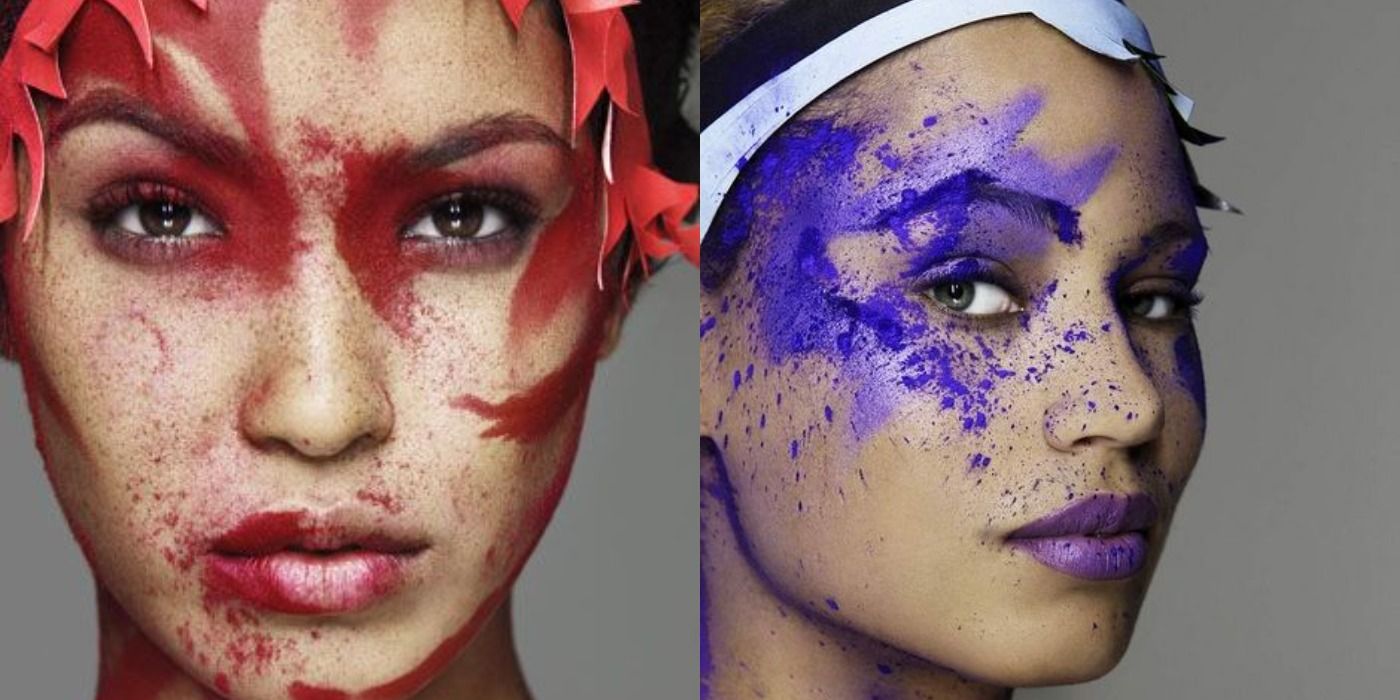 Split image showing Fo and Tahlia in the paint photoshoot during cycle 12 of ANTM