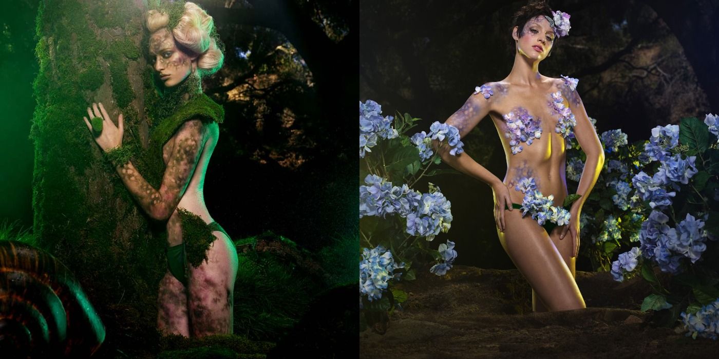 Split image showing Jenah and Janet in the flower photoshoot during cycle 9 of ANTM