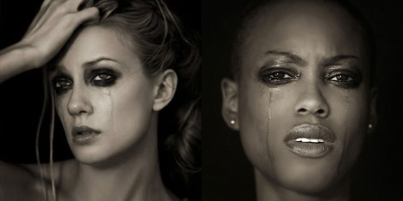 Split image showing Joanie and Nnenna in the crying photoshoot during cycle 6 of ANTM