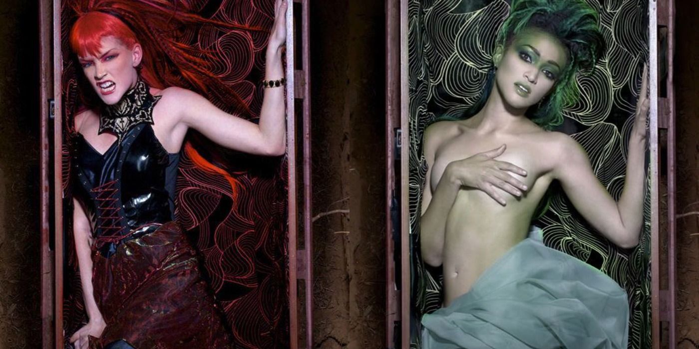 Split image showing Kahlen and Naima in the 7 Deadly Sins photoshoot during cycle 4 of ANTM