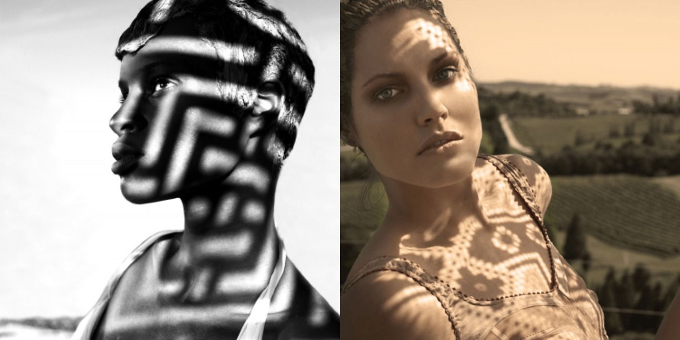 Split image showing Krista and Alexandra in the shadow photshoot during cycle 14 of ANTM