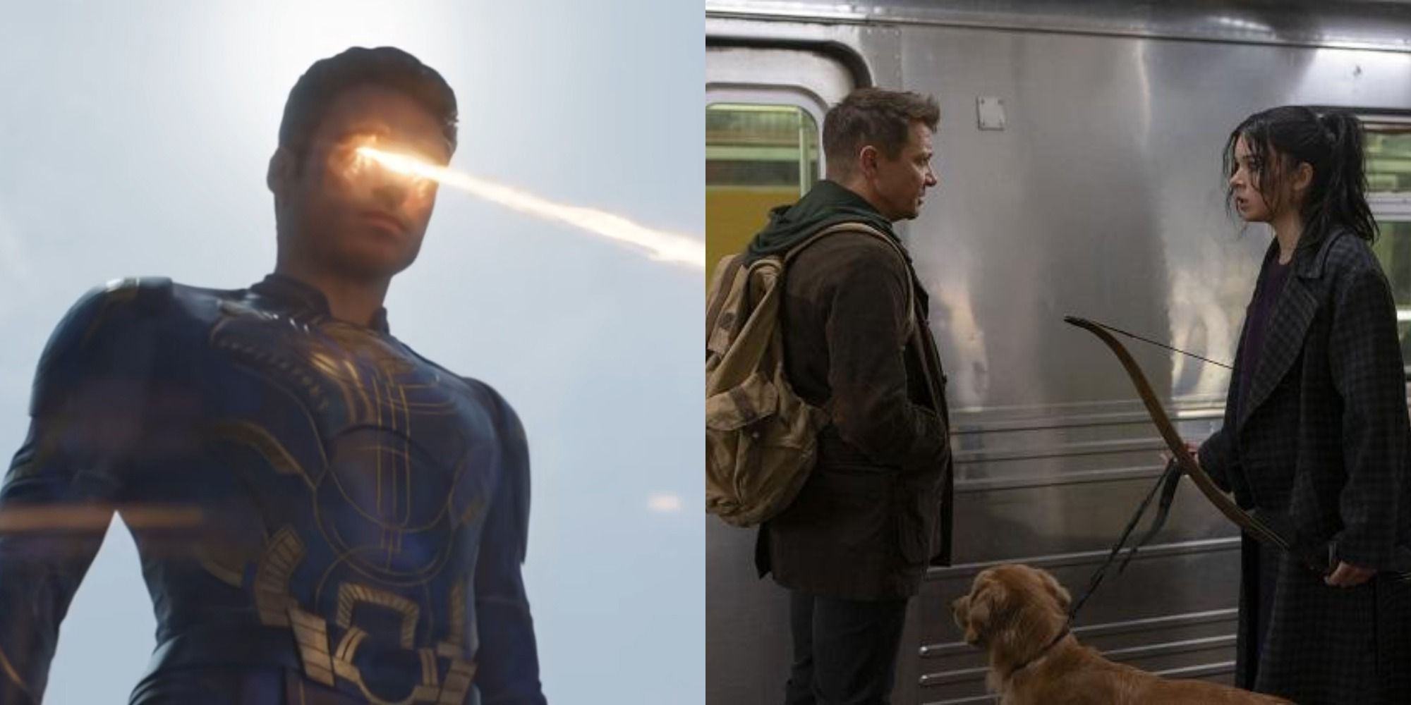 An image of Ikaris firing lasers from his eyes in The Eternals and Clint and Kate talking at a train station in Hawkeye