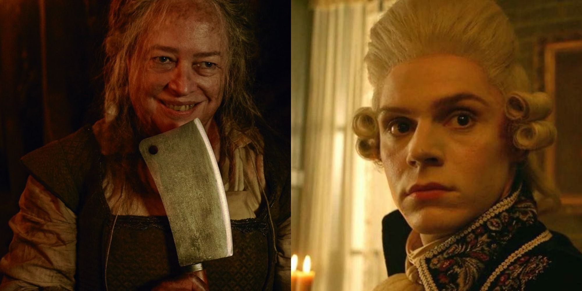 An image of Kathy Bates as The Butcher and Evan Peters as Edward Mott in AHS: Roanoke