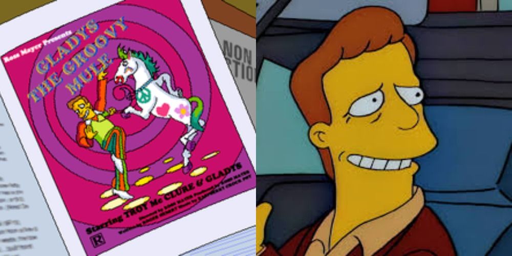 An image of the Gladys the Groovy Mule movie poster and Troy McClure smiling in The Simpsons