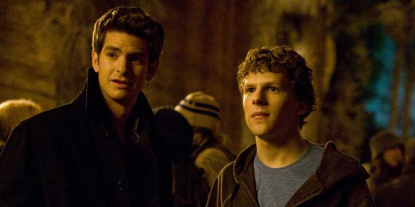 Eduardo and Mark looking at a frat party in The Social Network