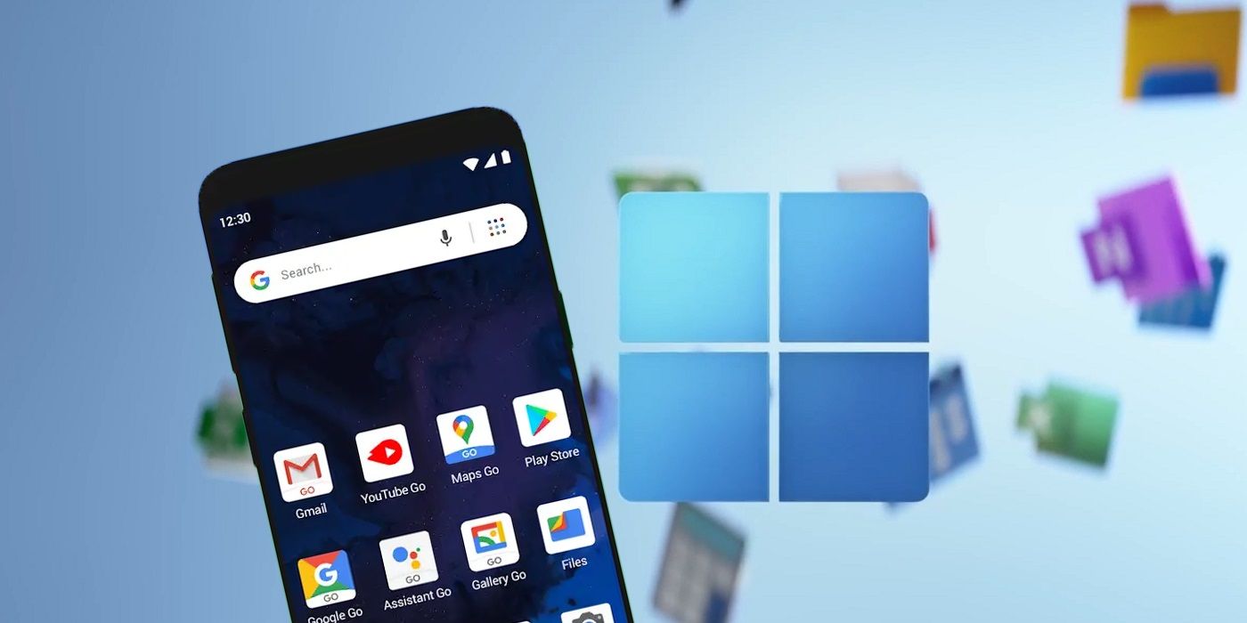 Android phone in front of Windows 11 background
