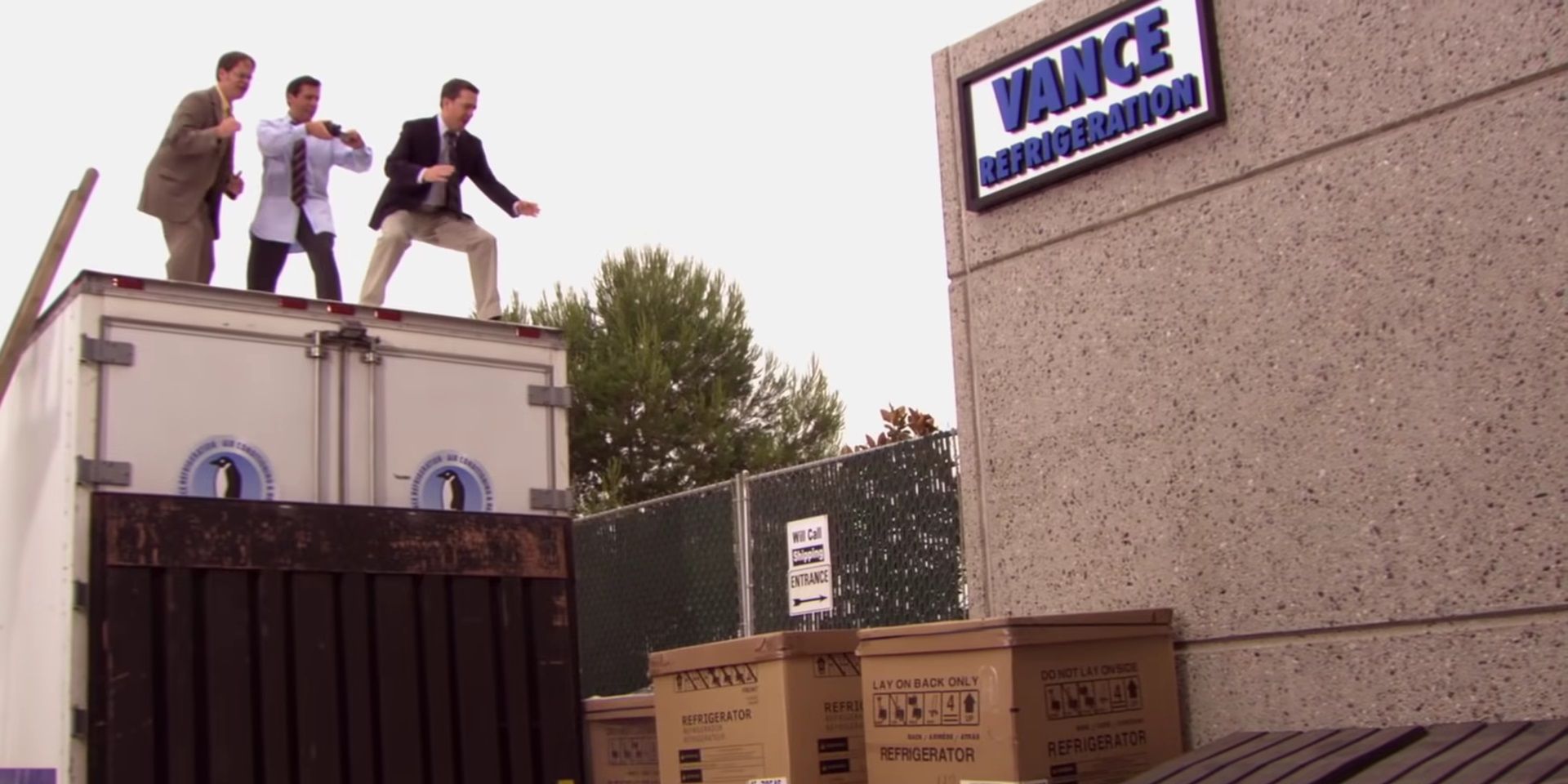 Andy, Michael, and Dwight doing parkour in The Office