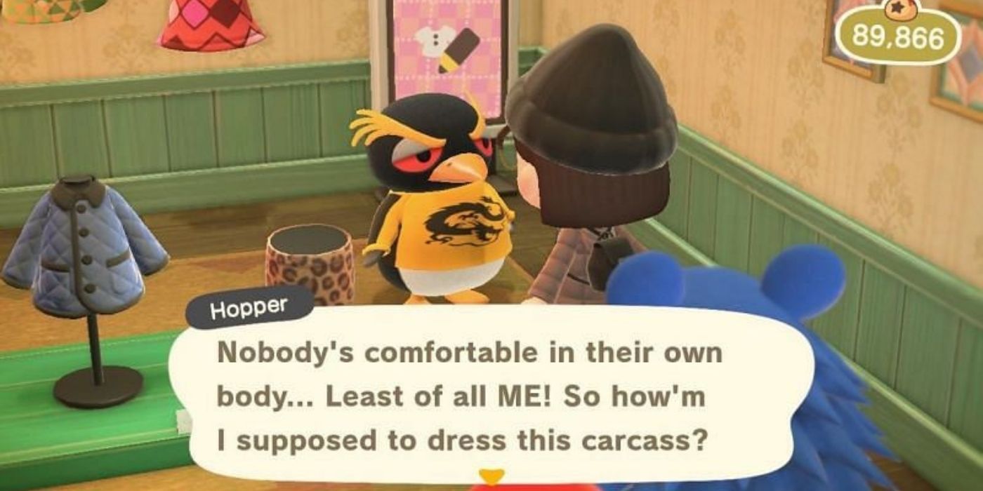 Hopper complaining to a villager in Animal Crossing: New Horizons
