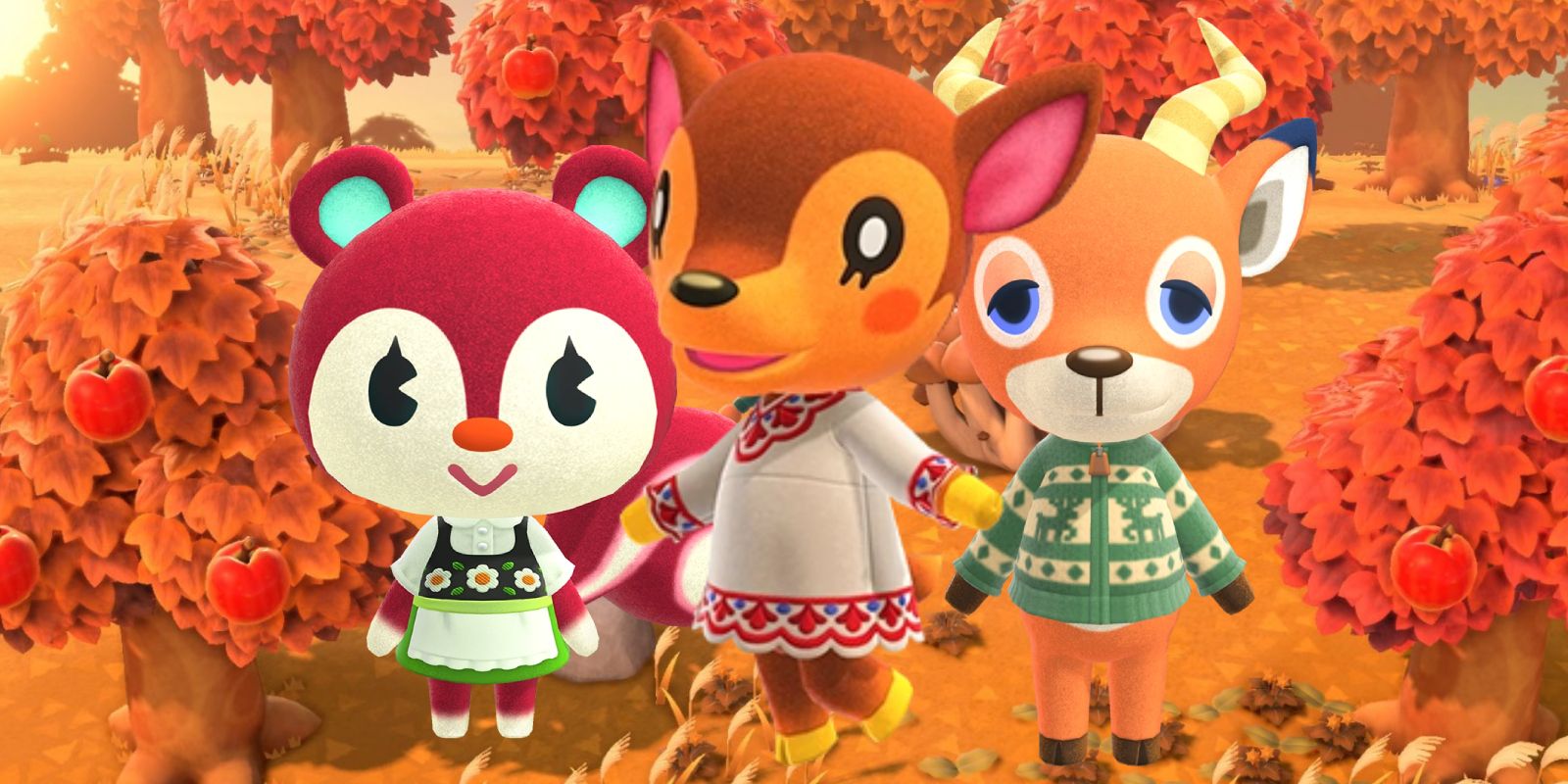 An image of three villagers standing in the middle of trees in the game, Animal Crossing: New Horizons.