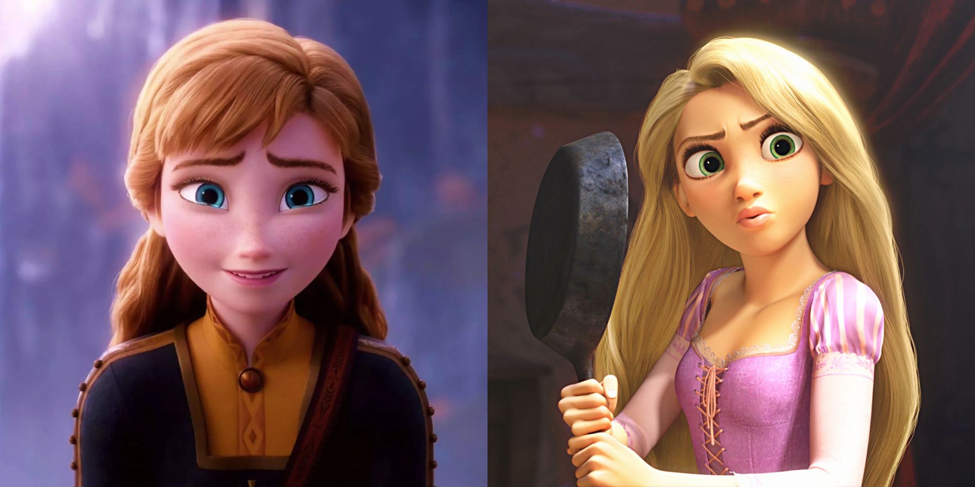 Split image: Anna looking sheepish, Rapunzel wielding a frying pan