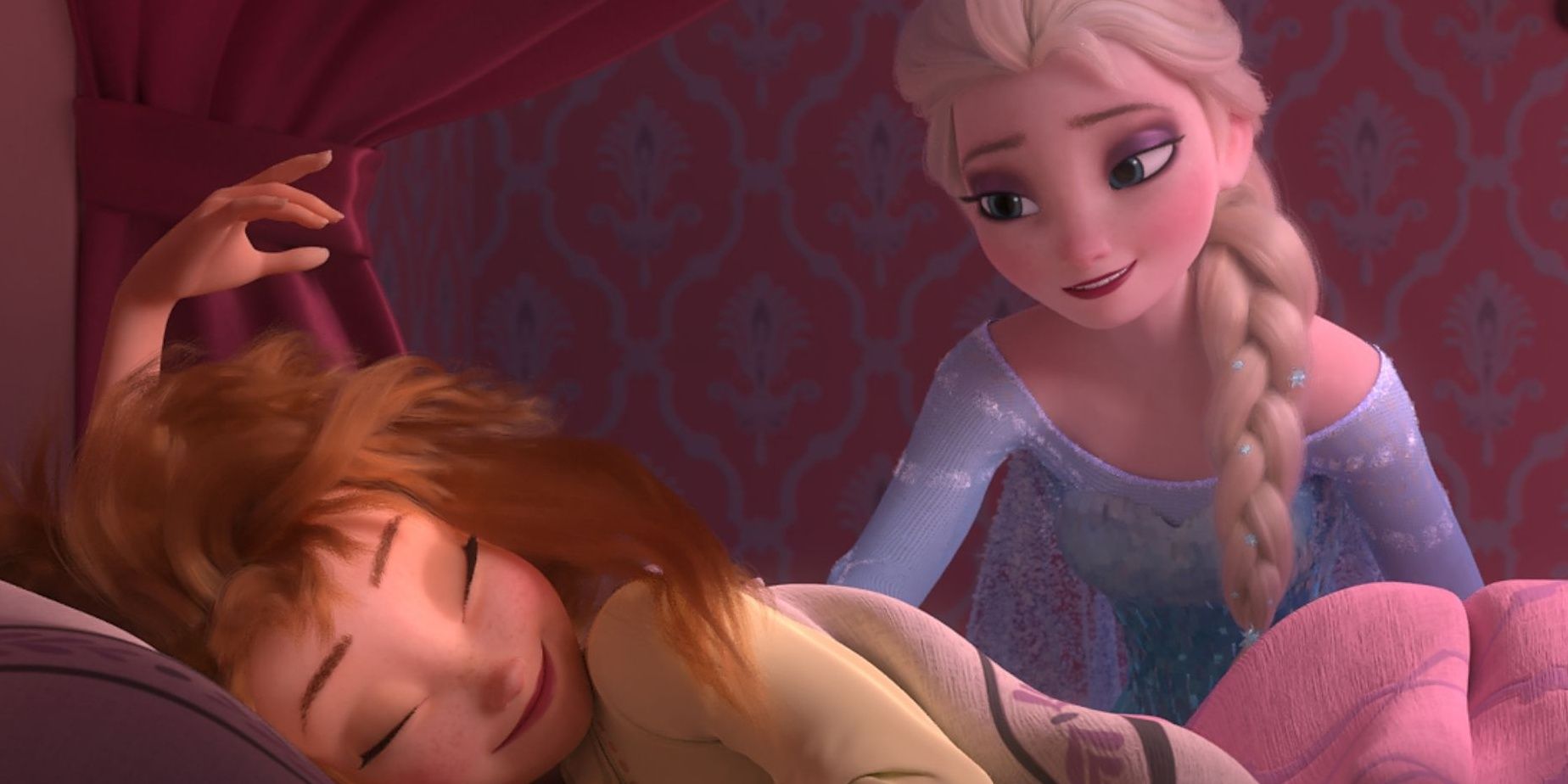 Anna with bedhead, and Elsa, in Frozen Fever.
