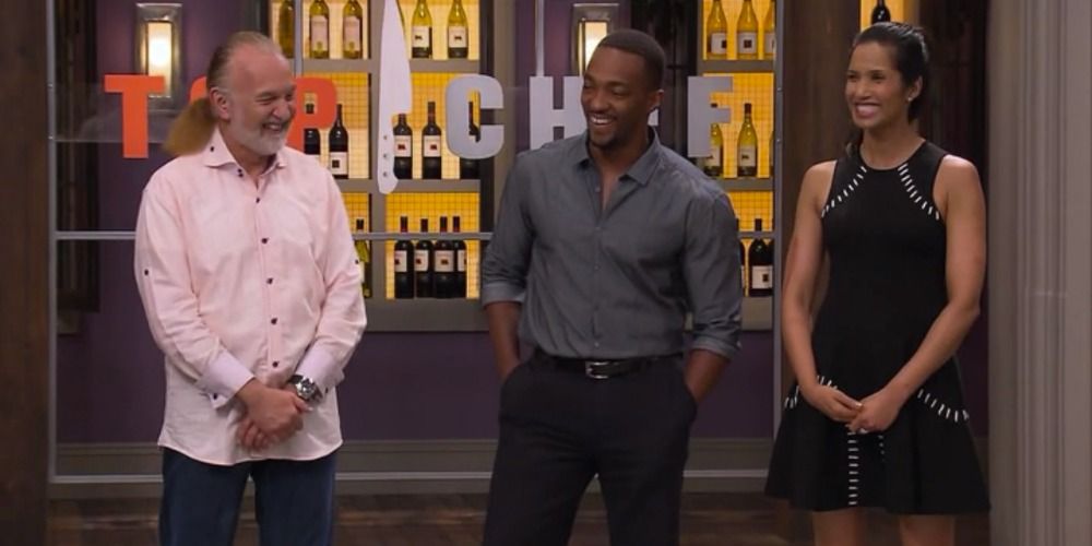 Anthony Mackie and Padma Laksmi laughing on Top Chef