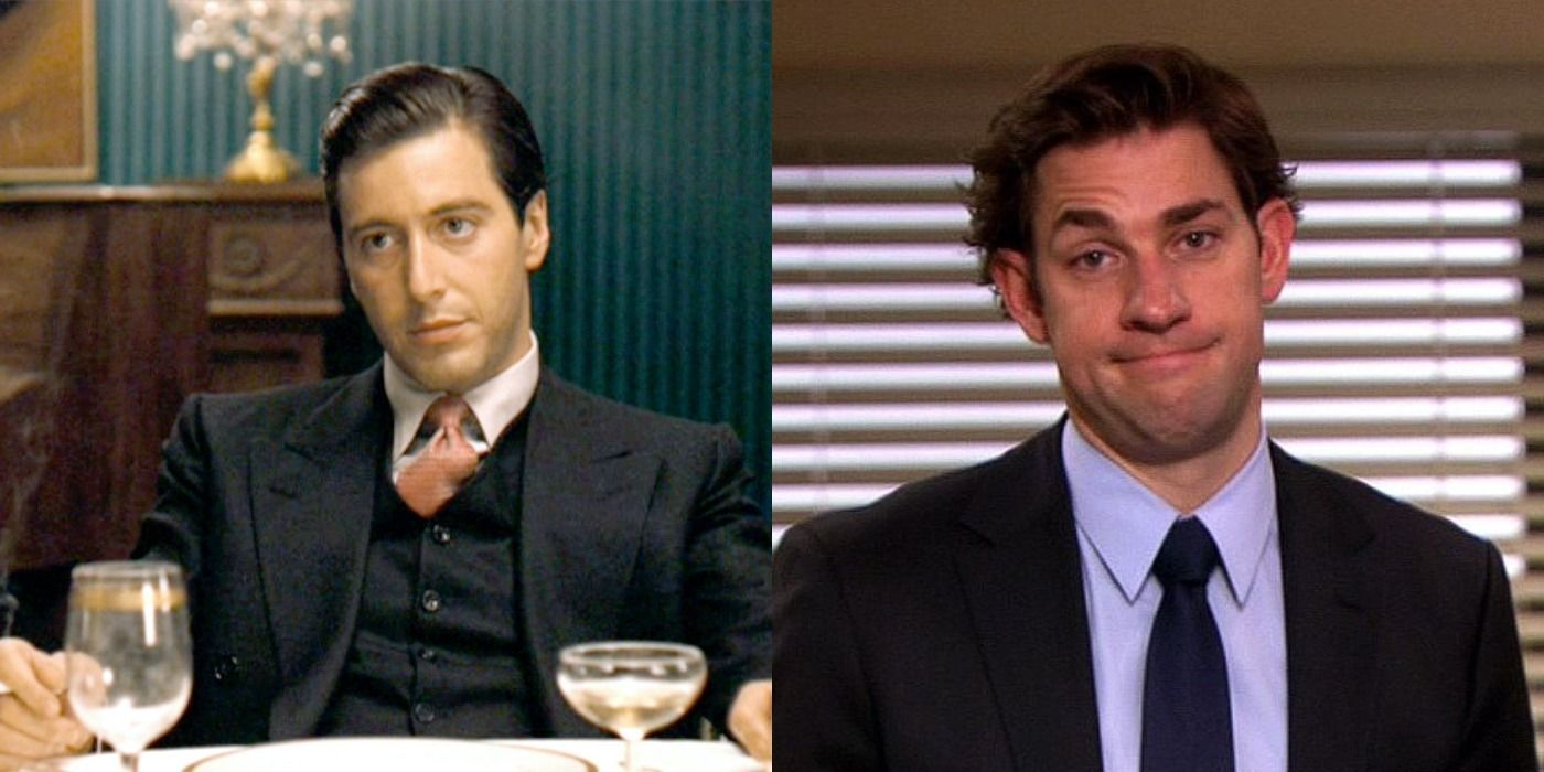 Split image of Michael in The Godfather and Jim in the Office