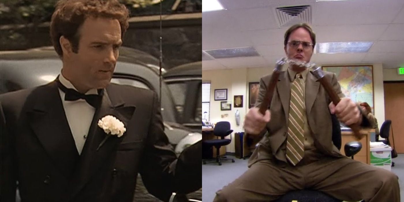 Split image of Sonny in The Godfather and Dwight in the Office