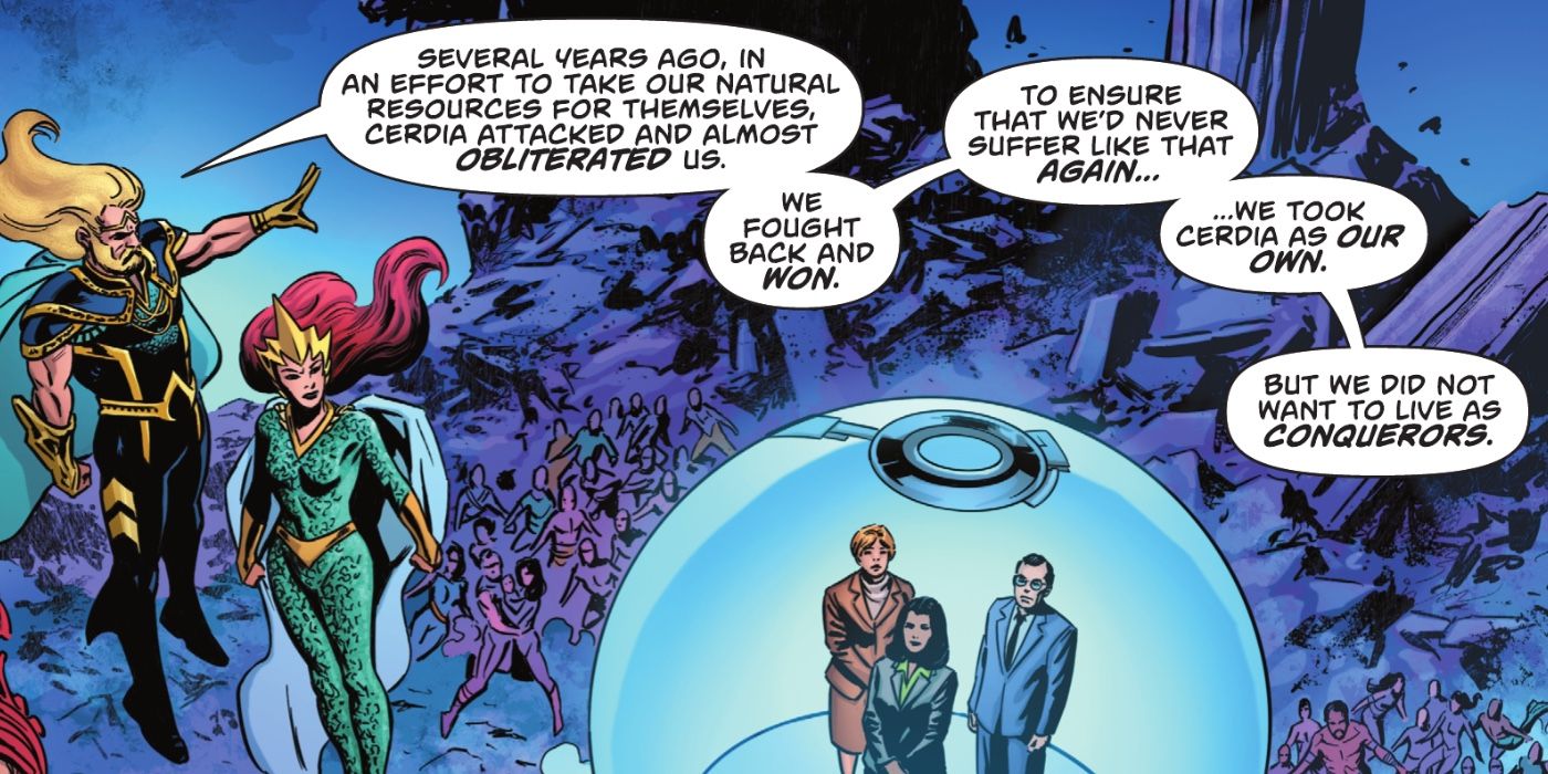 Aquaman and the rulers of Atlantis discuss unity with Cerdian representatives