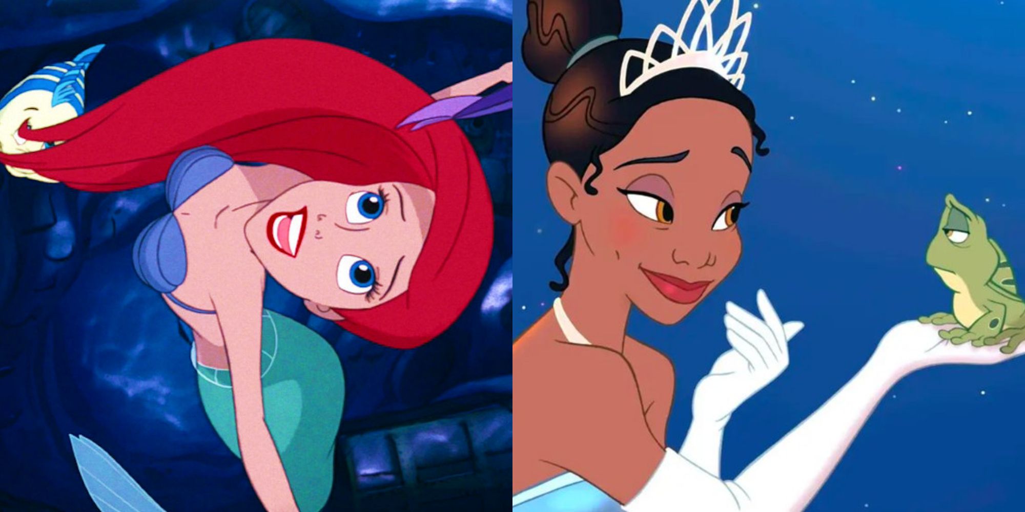 Split image: Ariel swimming under the sea, Tiana with the frog in her hand
