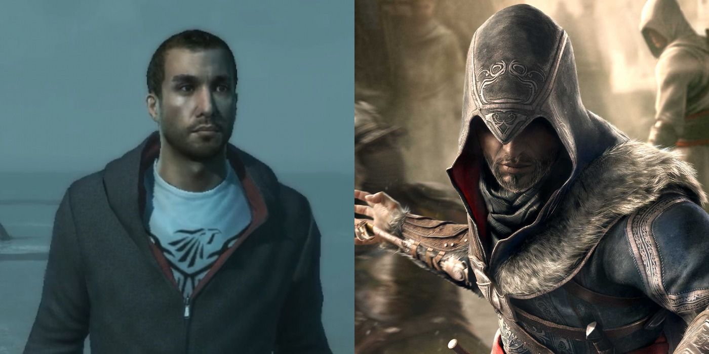 Split image: Altair looks to his side/ Ezio with his hood down