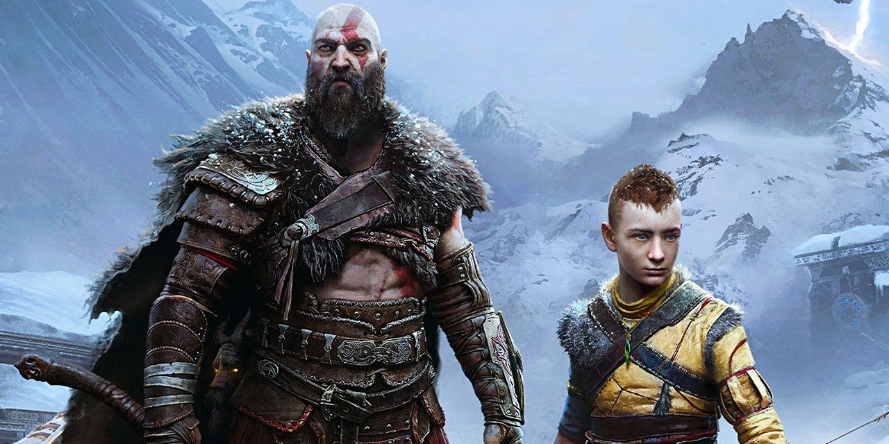 Atreus and Kratos on a snow mountain in God of War Ragnarok.