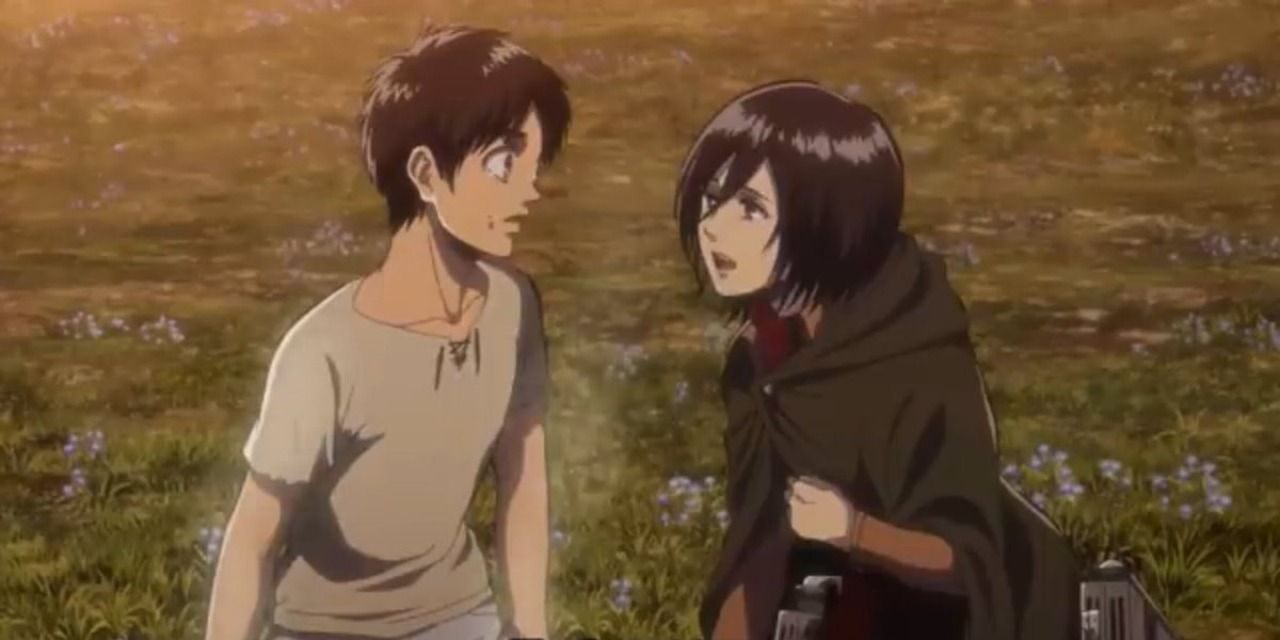 Attack On Titan: Eren Yeager and Mikasa Ackerman sitting in the field. 