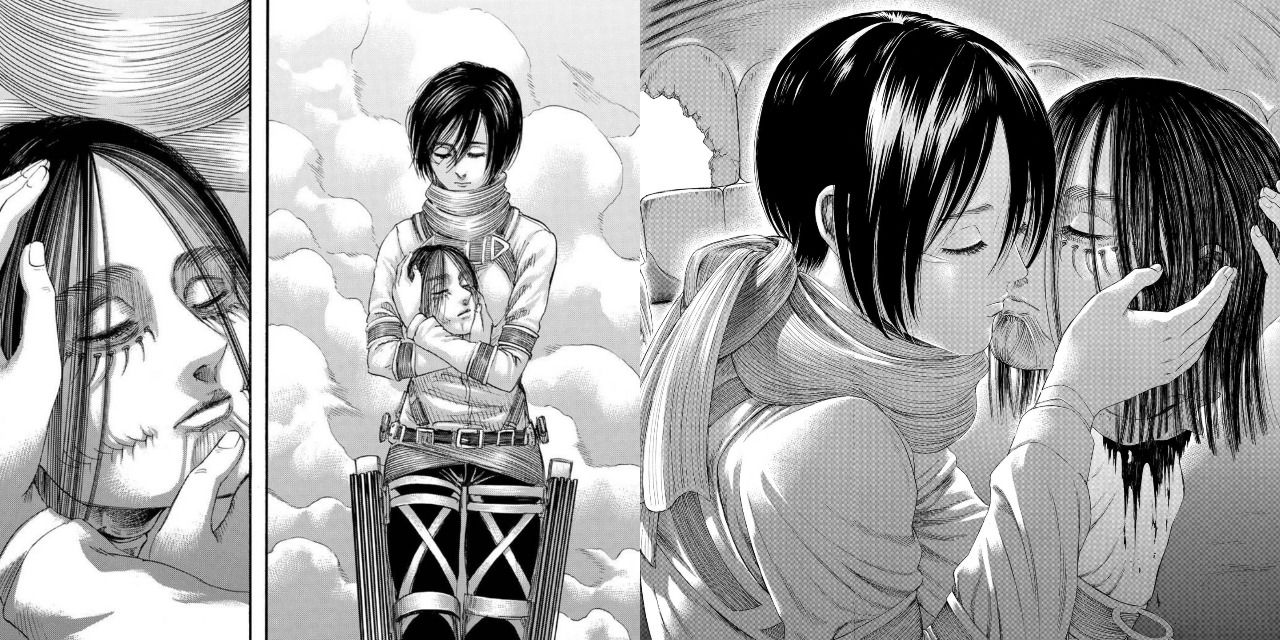 Attack On Titan: Mikasa holding and kissing Eren's head.